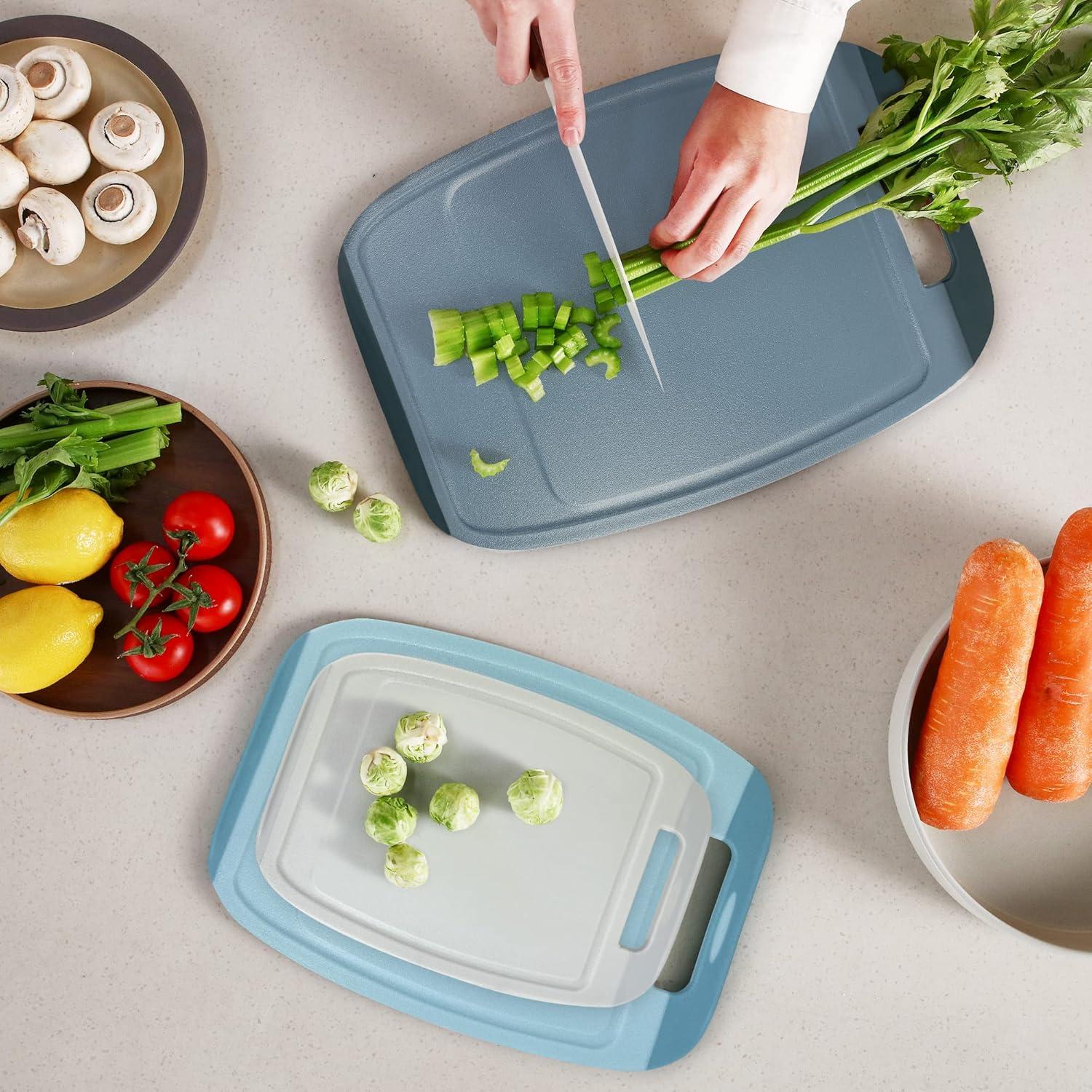 image:imageNeoflam Microban Protection Cutting Board 3 Piece Set Stain amp OdorBPA Free Reversable Board Upgraded Larger Juice Groove NonSlip EZ Grip Handle Dishwasher Safe PastelBlueGray