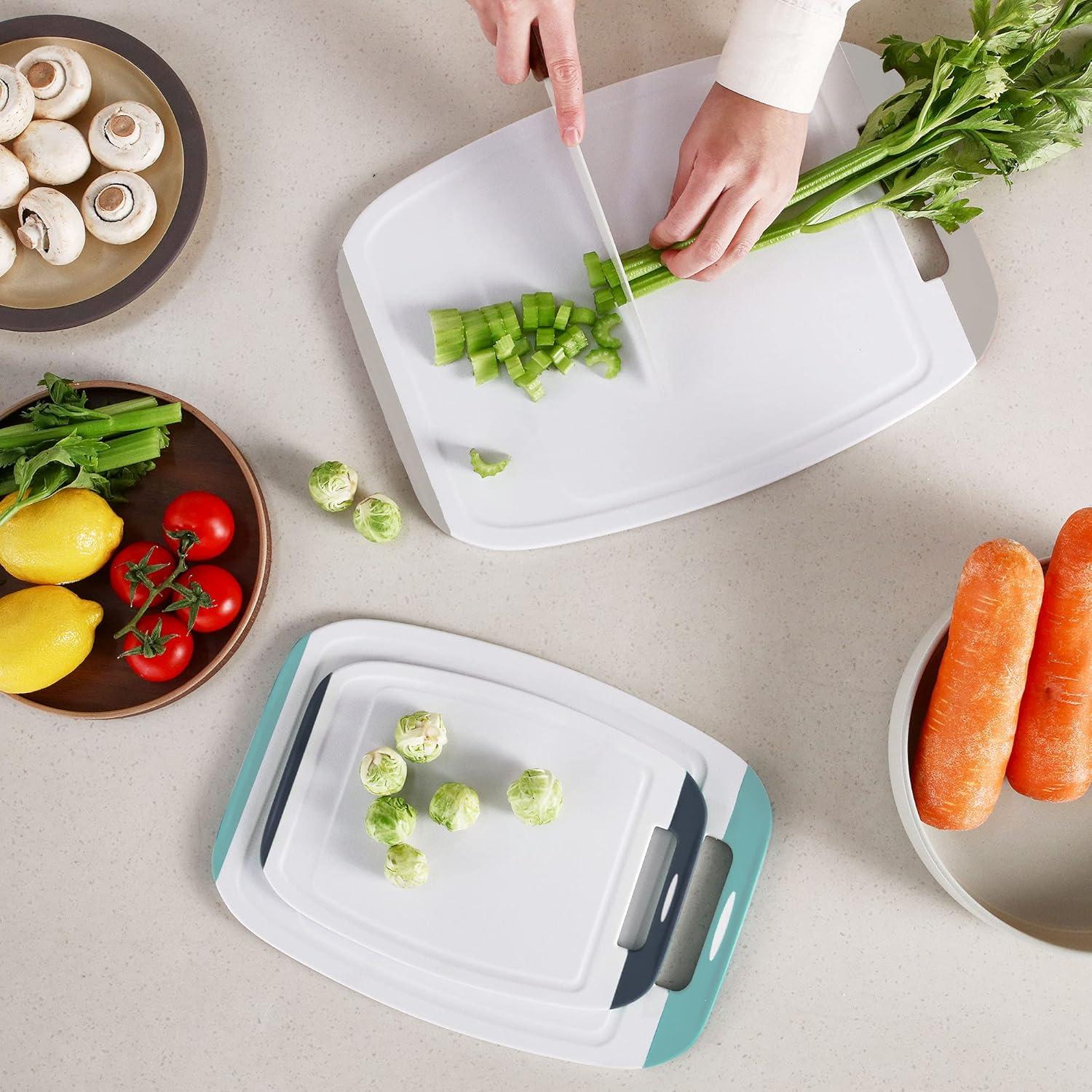 image:imageNeoflam Microban Protection Cutting Board 3 Piece Set Stain amp OdorBPA Free Reversable Board Upgraded Larger Juice Groove NonSlip EZ Grip Handle Dishwasher Safe PastelGray