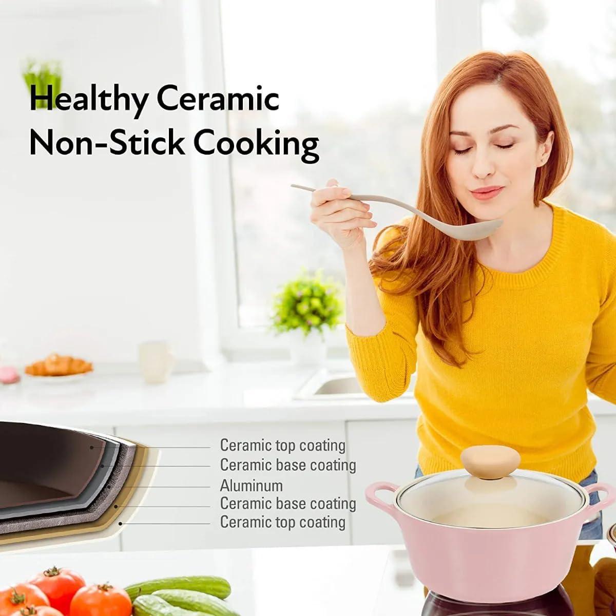 image:imageNeoflam Retro 3QT Stockpot with Lid 87 22cm Nonstick Ceramic Coated Casserole Saute Pot Dutch Oven with Silicone Handle Holder Dishwasher Safe Elegant Kitchen Cookware Made in KoreaPink