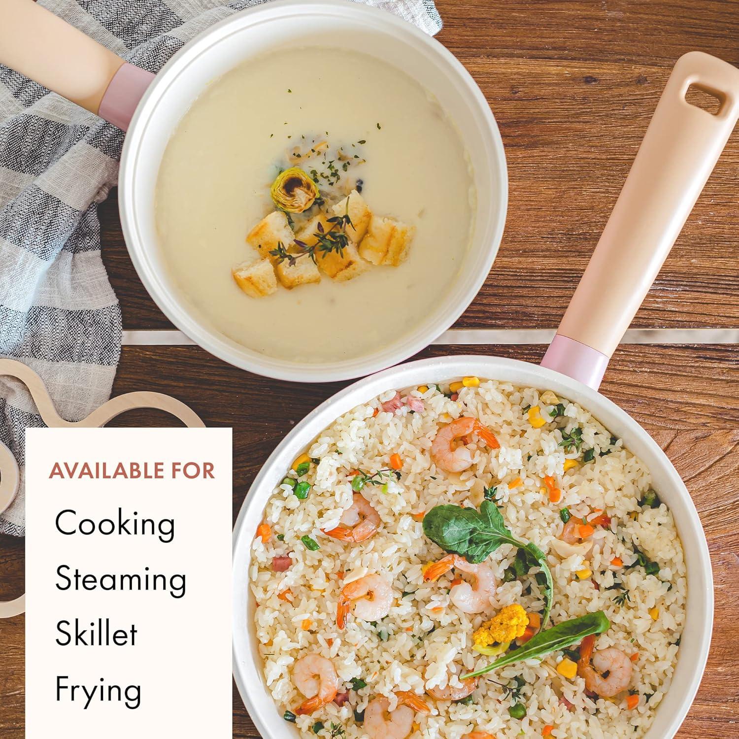 image:imageNeoflam Retro 5Piece Ceramic Nonstick Cookware Set PFOA Free Pots and Pans with Integrated Steam Vent Lid knob prevents boil over and Heat Resistant Silicone Grips for safer cooking at kitchen PinkPink