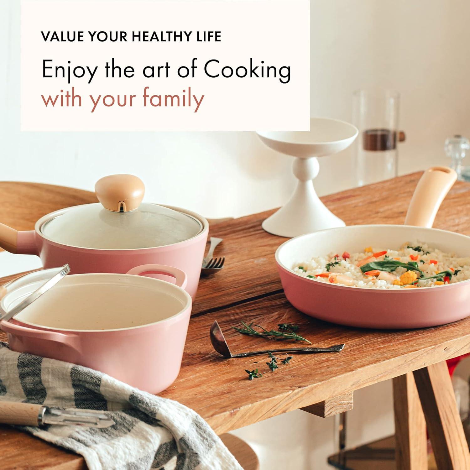 image:imageNeoflam Retro 5Piece Ceramic Nonstick Cookware Set PFOA Free Pots and Pans with Integrated Steam Vent Lid knob prevents boil over and Heat Resistant Silicone Grips for safer cooking at kitchen PinkPink