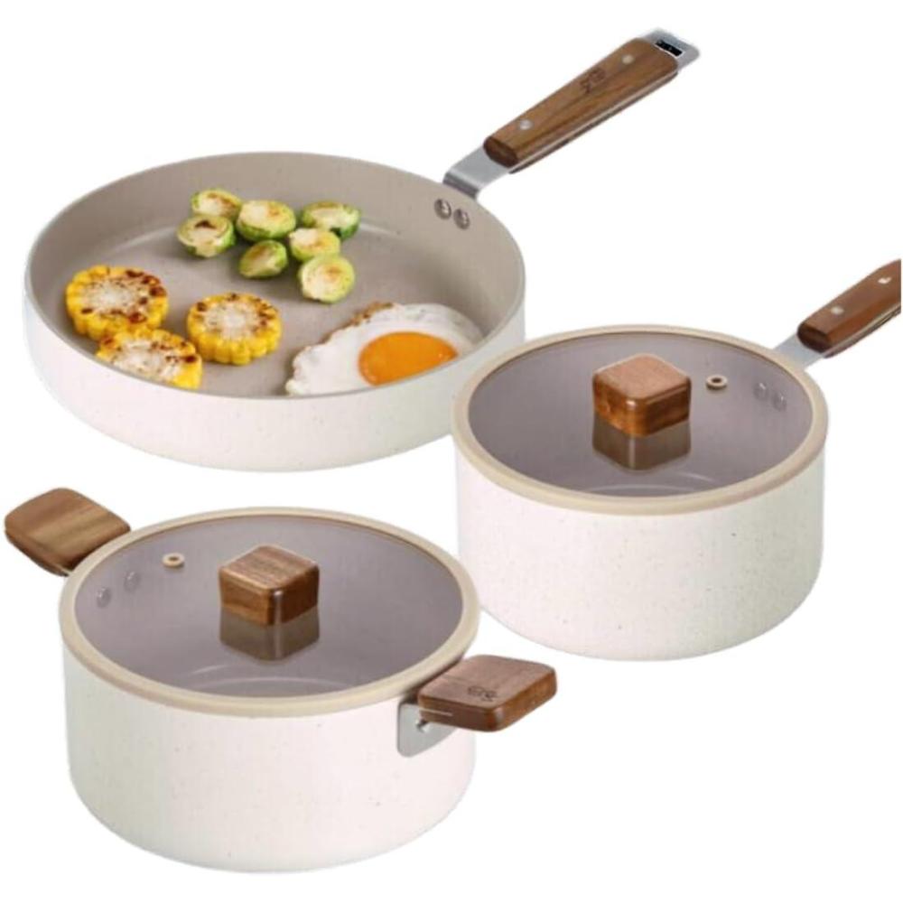 image:imageBien 5Piece Kitchen Nonstick Cookware Set with Lid Healthy Cooking Ceramic Coating Pan with Wood Handle Pot with Lid Fast Full Induction Compatible Kitchenware Made in Korea