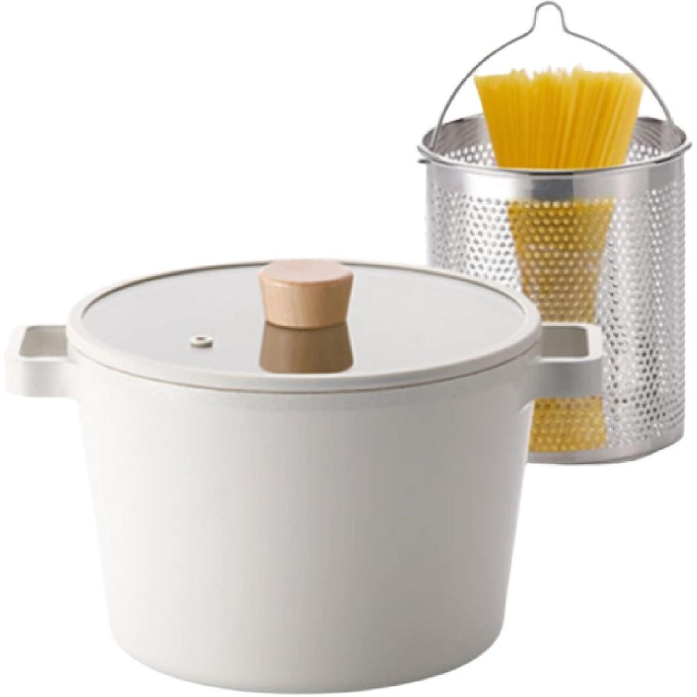 image:imageFIKA Kitchen Essential 49 QT Deep Pot with Pasta Strainer Insert Nonstick Ceramic Coating Casserole with Lid Healthy Cooking Dutch Oven Induction Compatible Cookware Made in Korea 8722 cm