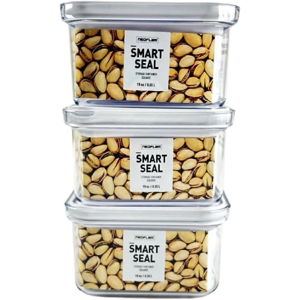 image:imageNeoflam Airtight Smart Seal Food Storage Container Set of 3 Crystal Clear Body Modular Stackable Nestable Design 27L Square06L