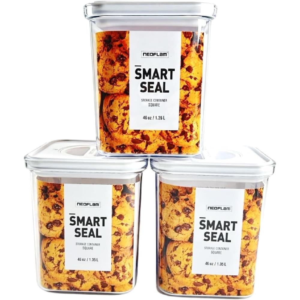 image:imageNeoflam Airtight Smart Seal Food Storage Container Set of 3 Crystal Clear Body Modular Stackable Nestable Design 27L Square14L