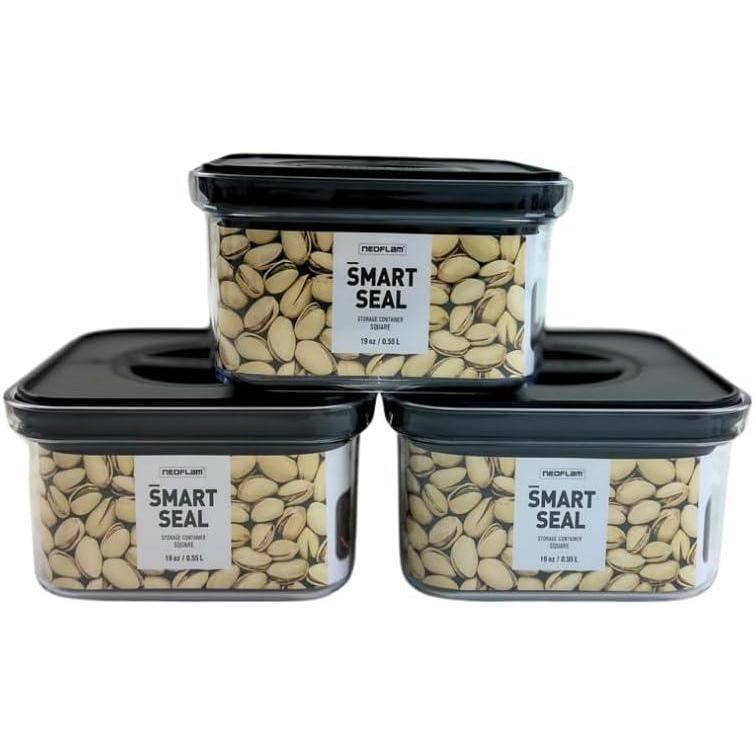 image:imageNeoflam Airtight Smart Seal Food Storage Container Set of 3  Crystal Clear Body Matte Black Lid  Modular Stackable Nestable Design  Easy to Clean BPA Free Square 14L06L