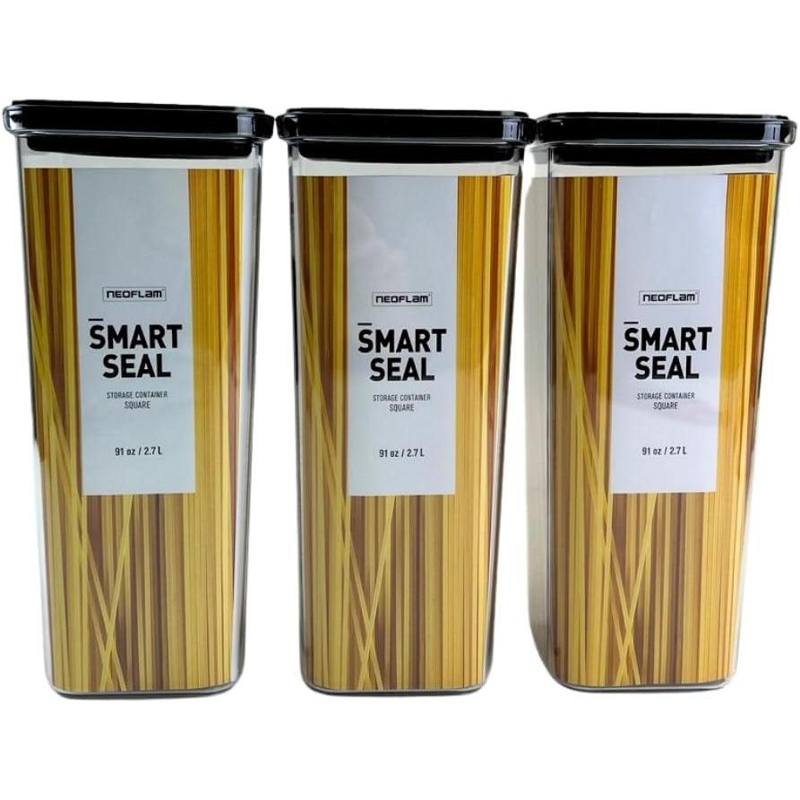 image:imageNeoflam Airtight Smart Seal Food Storage Container Set of 3 Crystal Clear Body Matte Black Lid Modular Stackable Nestable Design Easy to Clean BPA Free Square 14L27L