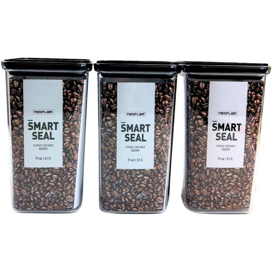 image:imageNeoflam Airtight Smart Seal Food Storage Container Set of 3 Crystal Clear Body Matte Black Lid Modular Stackable Nestable Design Easy to Clean BPA Free Square 14L21L
