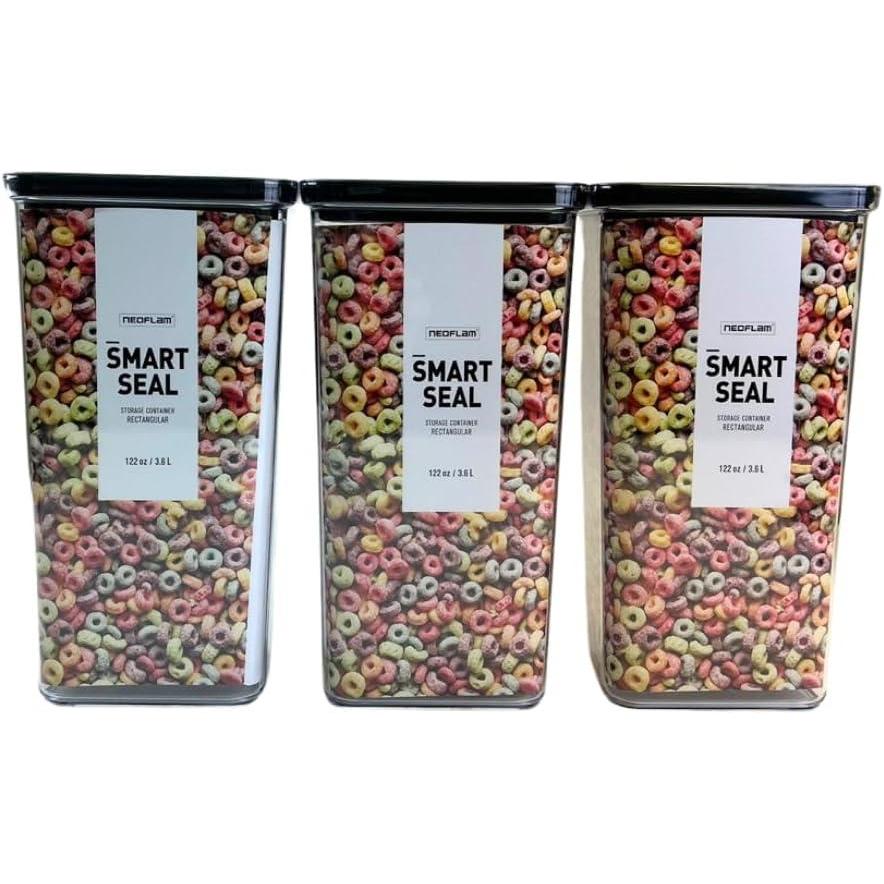 image:imageNeoflam Airtight Smart Seal Food Storage Container Set of 3 Crystal Clear Body matte Black Lid Modular Stackable Nestable Design Easy to Clean BPA Free Rectangle 175L3 6L