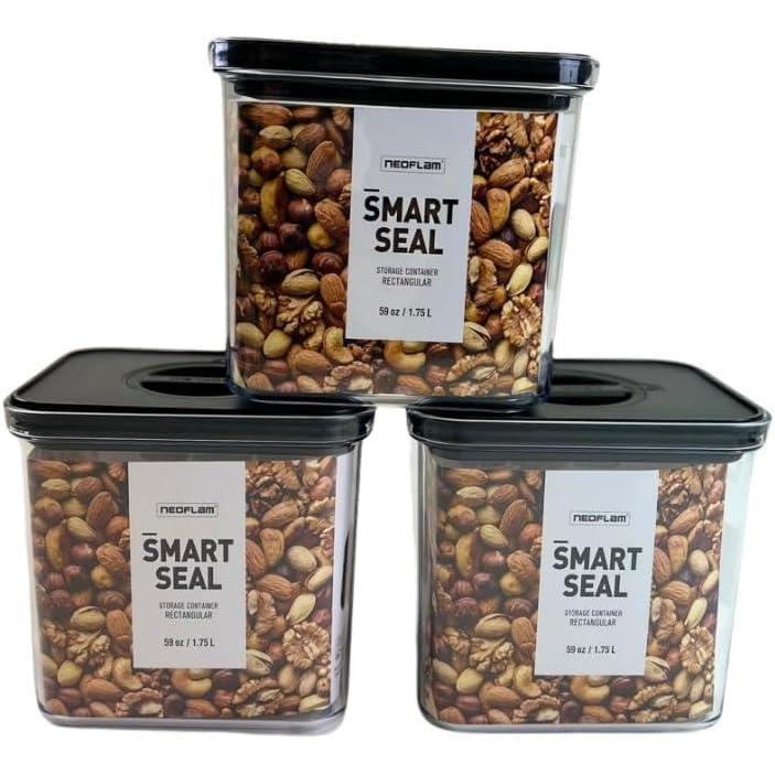 image:imageNeoflam Airtight Smart Seal Food Storage Container Set of 3 Crystal Clear Body matte Black Lid Modular Stackable Nestable Design Easy to Clean BPA Free Rectangle 175L175L