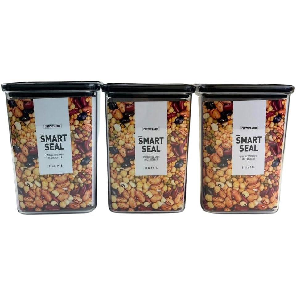 image:imageNeoflam Airtight Smart Seal Food Storage Container Set of 3 Crystal Clear Body matte Black Lid Modular Stackable Nestable Design Easy to Clean BPA Free Rectangle 175L27L