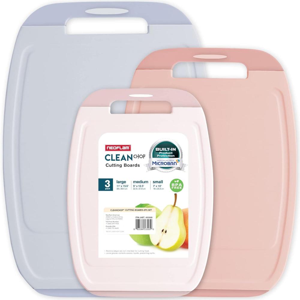 image:imageNeoflam Microban Protection Cutting Board 3 Piece Set Stain amp OdorBPA Free Reversable Board Upgraded Larger Juice Groove NonSlip EZ Grip Handle Dishwasher Safe PastelPastel