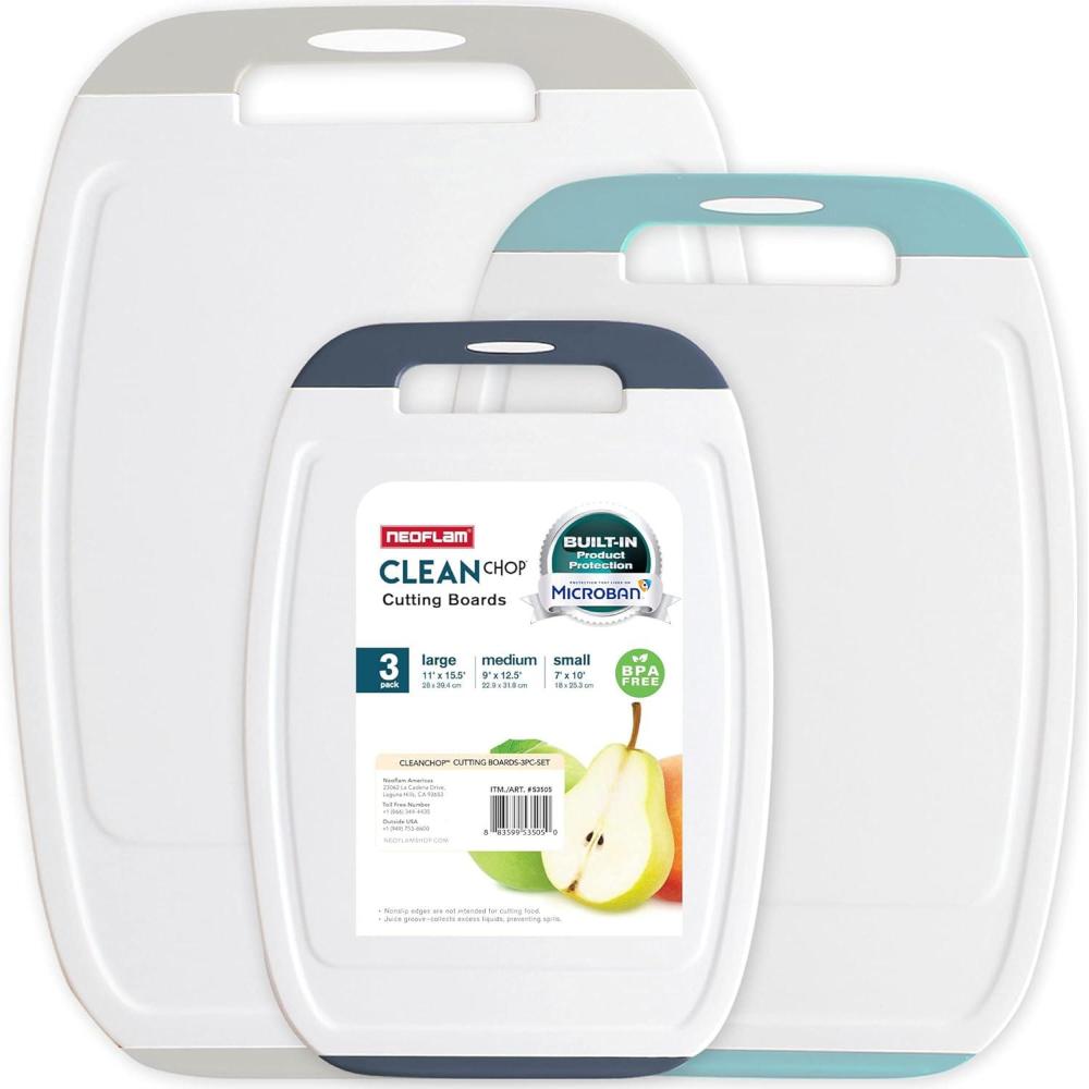 image:imageNeoflam Microban Protection Cutting Board 3 Piece Set Stain amp OdorBPA Free Reversable Board Upgraded Larger Juice Groove NonSlip EZ Grip Handle Dishwasher Safe PastelGray