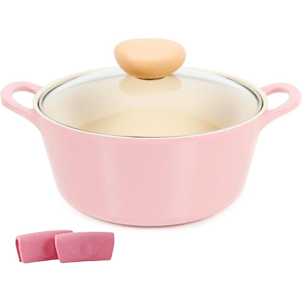 image:imageNeoflam Retro 3QT Stockpot with Lid 87 22cm Nonstick Ceramic Coated Casserole Saute Pot Dutch Oven with Silicone Handle Holder Dishwasher Safe Elegant Kitchen Cookware Made in KoreaPink