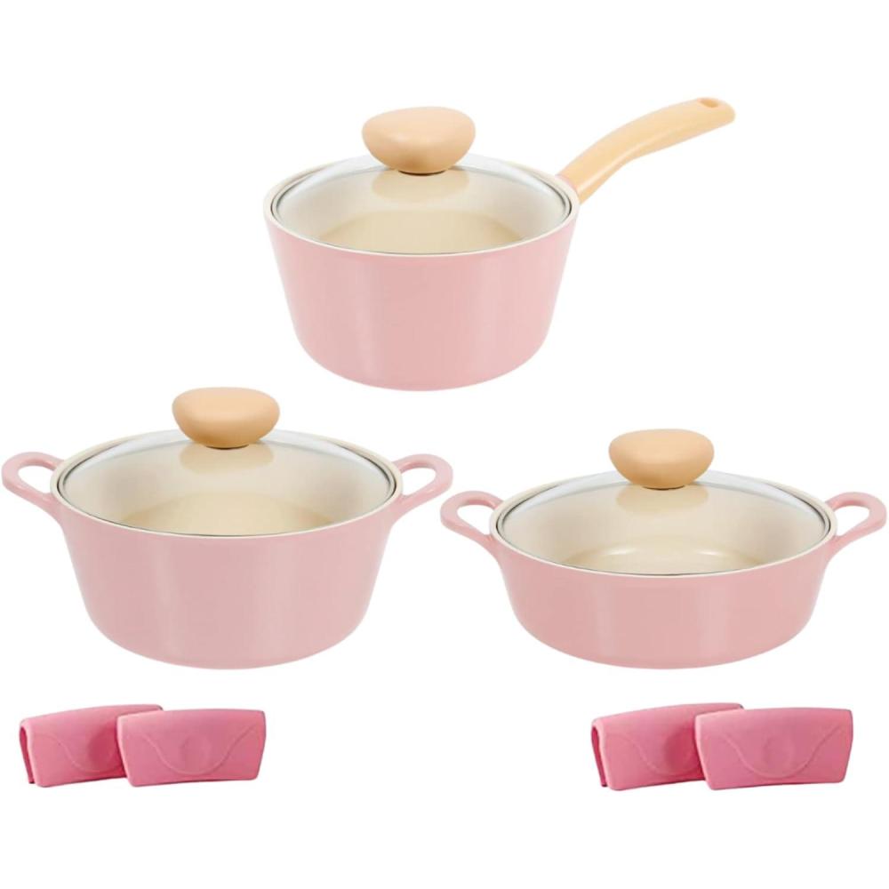 image:imageNeoflam Retro Pink 6Piece Cookware Set with Glass Lid  Nonstick Casserole Pot Saucepan amp Dutch Oven for Healthy Cooking Simmering Stewing Kitchen Decor Made in Korea
