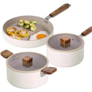 Bien 5-Piece Kitchen Nonstick Cookware Set with Lid, Healthy Cooking Ceramic Coating Pan with Wood Handle, Pot with Lid, Fast Full Induction Compatible Kitchenware, Made in Korea