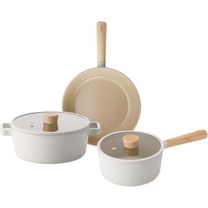 FIKA 5-Piece Nonstick Cookware Pot and Pan Set with Lid, Healthy Cooking Ceramic Coated Skillet with Natural Wood Handle, Induction, Gas Stove Compatible Kitchenware, Everyday Cooking, Made in Korea