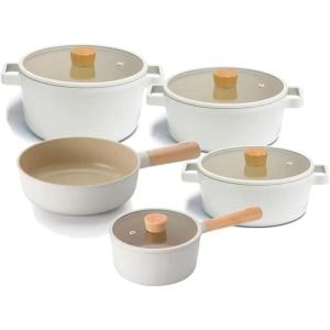 FIKA Kitchen Essential 9-Piece Nonstick Cookware Set, Healthy Cooking Ceramic Coating Pots with Lid and Wok with Wood Handle, Induction Compatible Kitchenware, Everyday Use, Made in Korea
