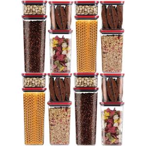 Neoflam 16 Set, Kitchen Pantry Airtight Smart Seal Square Dry Food Storage with Lid, BPA Free, Modular, Stackable, Clear Canister for Cereal, Sugar, Flour, Snack, Coffee, Pasta, Spaghetti Container(Clear)