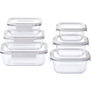 Neoflam 6-Piece Comodo Glass Food Storage Containers with Lids – Airtight Stackable Meal Prep Set – BPA-Free, Microwave Oven Air Fryer Freezer Safe – Reusable Glass Containers for Home & Office