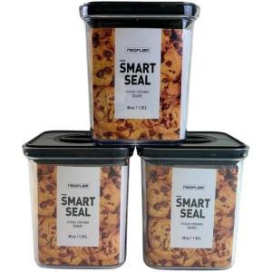 Neoflam Airtight Smart Seal Food Storage Container (Set of 3) | Crystal Clear Body, Matte Black Lid | Modular, Stackable, Nestable Design | Easy to Clean, BPA Free (Square, 1.4L)(1.4L)