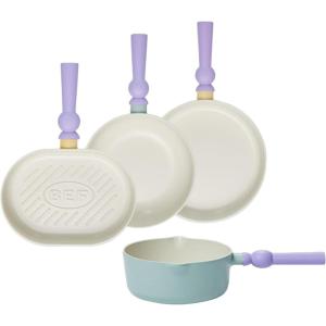 Neoflam Better Finger Cookware Set – All in One, 8-Piece Non-Stick Ceramic Coated Pots and Pans(All-in-One Mint and Yellow 4-Piece)