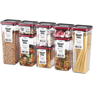 Neoflam Kitchen Pantry Airtight Smart Seal Dry Food Storage with Lid, Modular, Stackable, Square, Clear Canister for Cereal, Sugar, Flour, Snack, Coffee, Pasta Container (8 Set, Black Lid)(Black)