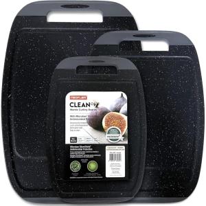 Neoflam Microban Protection Cutting Board 3 Piece Set, Stain & Odor/BPA Free, Reversable Board, Upgraded Larger Juice Groove, Non-Slip EZ Grip Handle, Dishwasher Safe, Pastel(Granite Black/Gray)