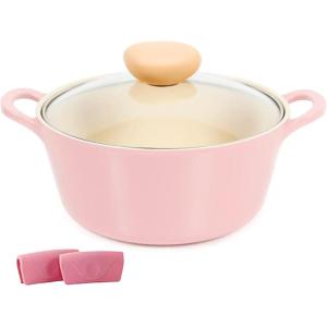 Neoflam Retro 3QT Stockpot with Lid – 8.7″ (22cm) Nonstick Ceramic Coated Casserole, Saute Pot, Dutch Oven with Silicone Handle Holder, Dishwasher Safe, Elegant Kitchen Cookware, Made in Korea(Pink)