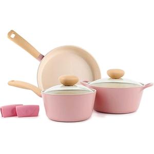 Neoflam Retro 5-Piece Ceramic Nonstick Cookware Set, PFOA Free Pots and Pans with Integrated Steam Vent Lid knob prevents boil over and Heat Resistant Silicone Grips for safer cooking at kitchen, Pink(Pink)