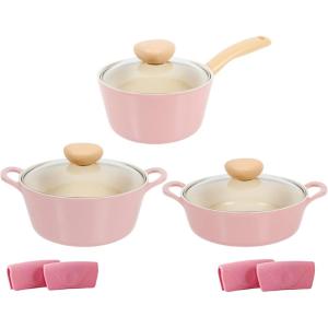 Neoflam Retro Pink 6-Piece Cookware Set with Glass Lid – Nonstick Casserole Pot, Saucepan & Dutch Oven for Healthy Cooking, Simmering, Stewing, Kitchen Decor, Made in Korea