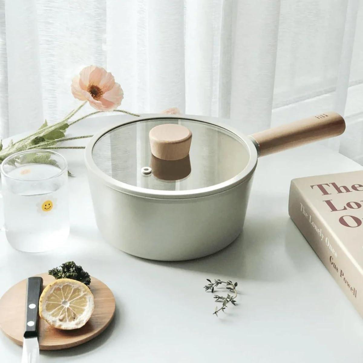 image:imageNEOFLAM FIKA 17QT Nonstick Sauce Pan with Glass Lid Butter Warmer Melting Saucepot Induction Wood Handle Made in Korea 7 18cm