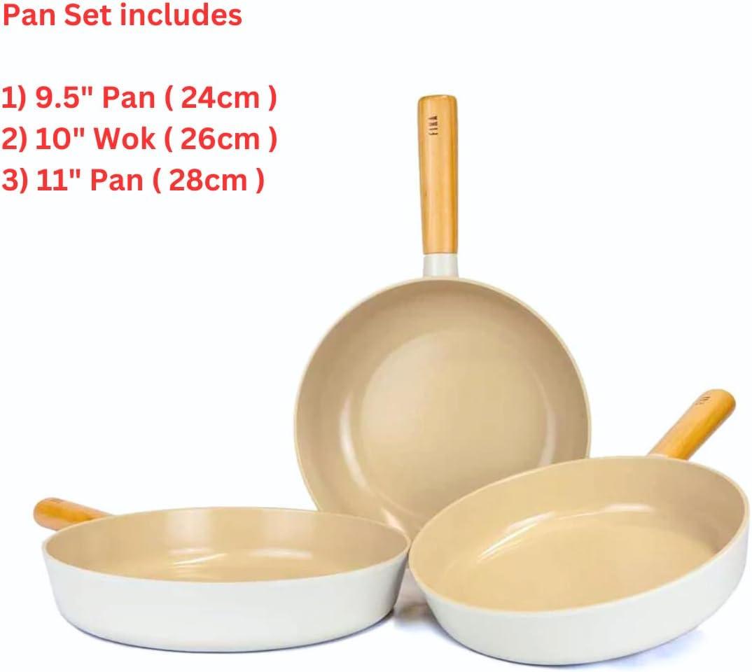 image:imageNEOFLAM FIKA 3Piece Kitchen Essential Stir Frying Pan Wok Set with Wood Handle Nonstick Ceramic Coating Skillet Induction Compatible Made in Korea