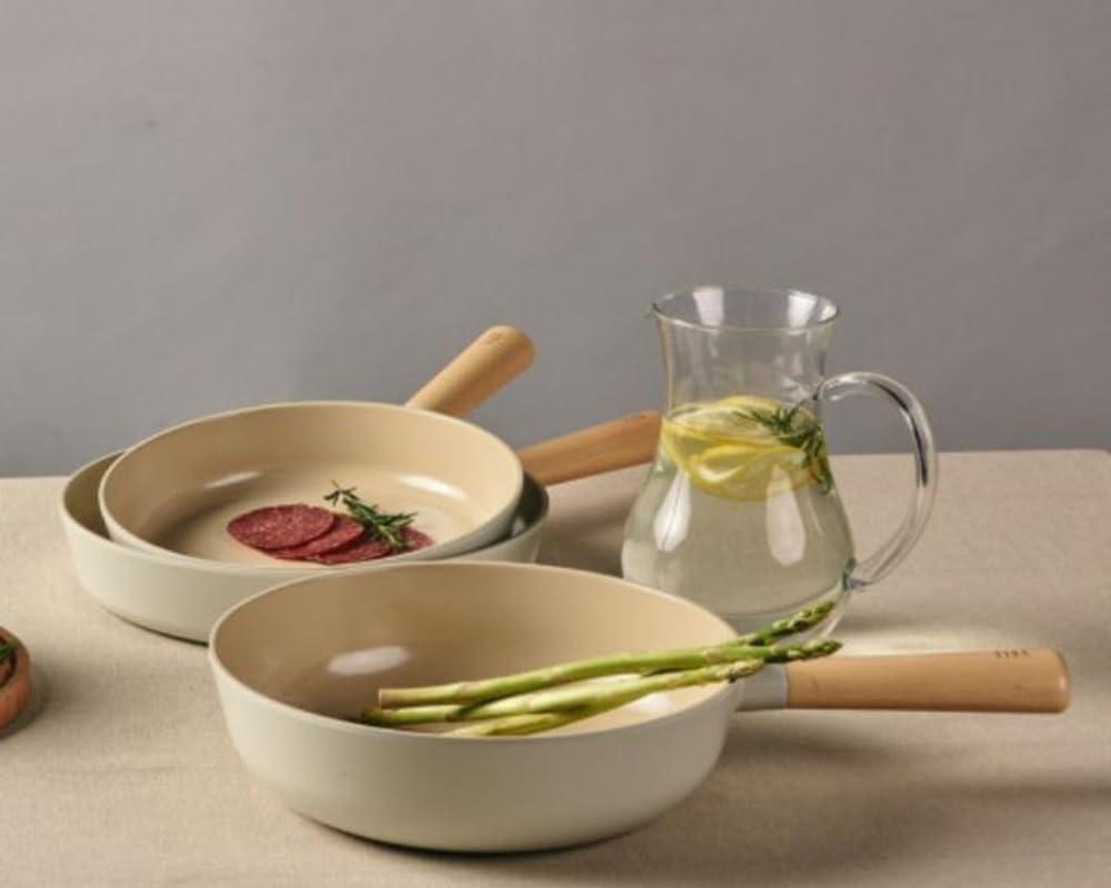 image:imageNEOFLAM FIKA 3Piece Kitchen Essential Stir Frying Pan Wok Set with Wood Handle Nonstick Ceramic Coating Skillet Induction Compatible Made in Korea