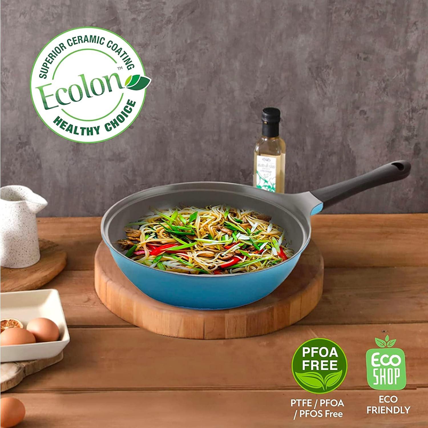 image:imageNeoflam Eela 12 Non Stick Chefs Wok with Glass Lid Stir Fry Pan and POFAFree Ceramic Coating for Cooking Saute Vegetables Meat Fish 12 inch Ivory Handle assemble requiredDeep Blue