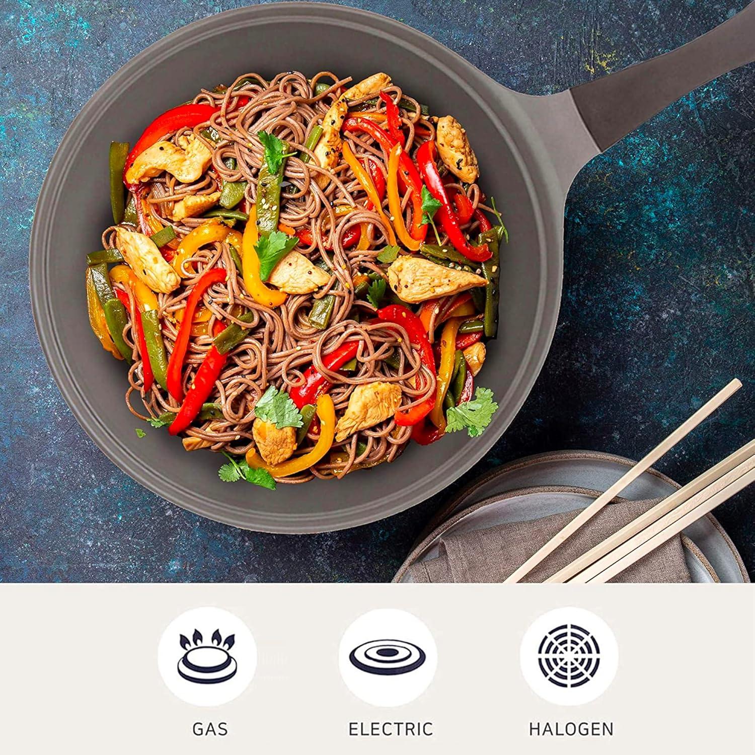 image:imageNeoflam Eela 12 Non Stick Chefs Wok with Glass Lid Stir Fry Pan and POFAFree Ceramic Coating for Cooking Saute Vegetables Meat Fish 12 inch Ivory Handle assemble requiredDeep Blue
