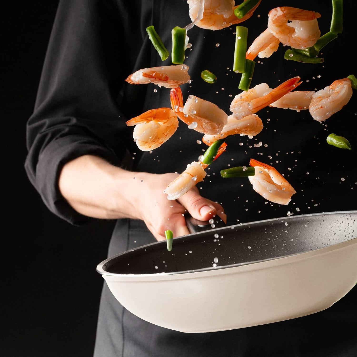 image:imageNeoflam Eela 12 Non Stick Chefs Wok with Glass Lid Stir Fry Pan and POFAFree Ceramic Coating for Cooking Saute Vegetables Meat Fish 12 inch Ivory Handle assemble requiredIvory