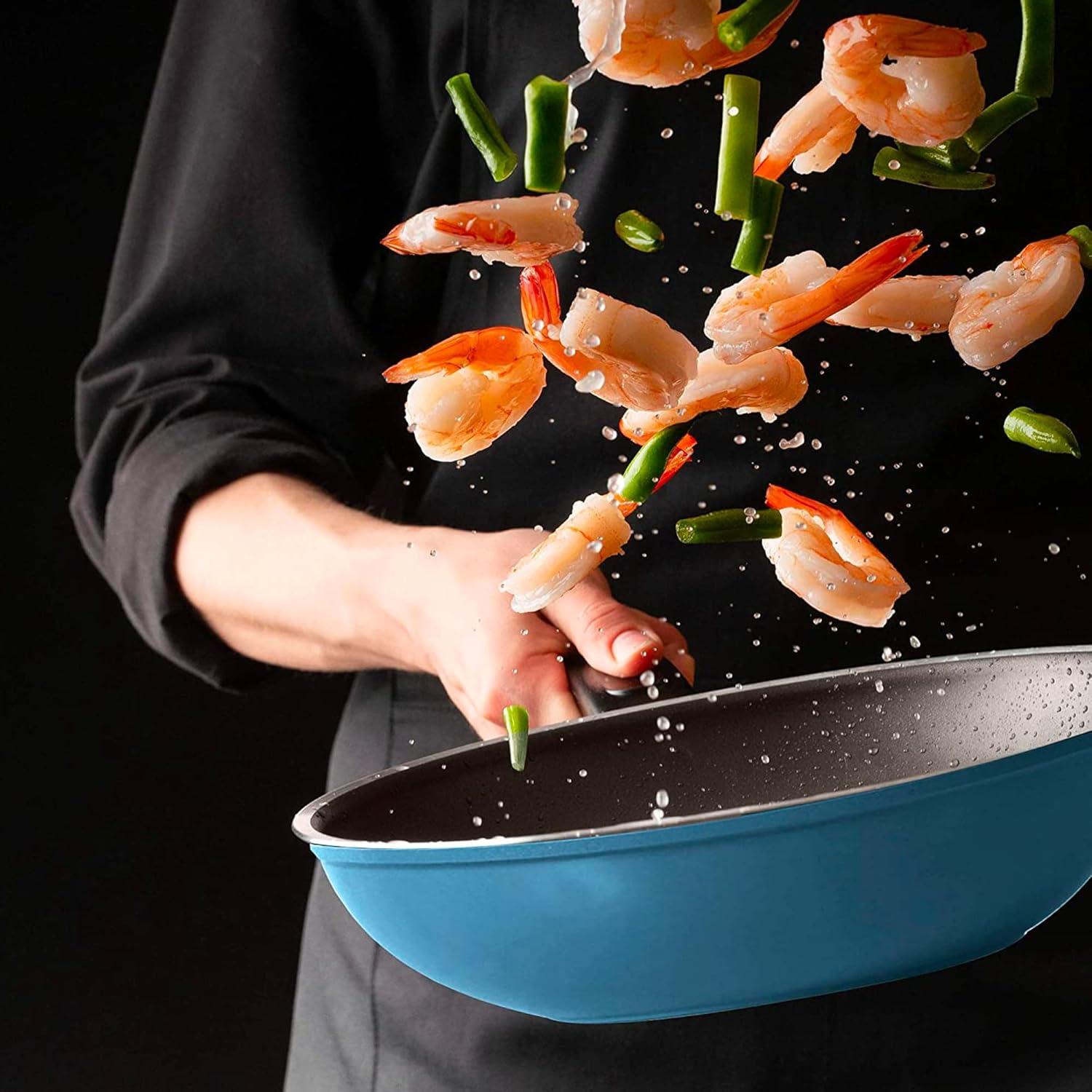image:imageNeoflam Eela 12 Non Stick Chefs Wok with Glass Lid Stir Fry Pan and POFAFree Ceramic Coating for Cooking Saute Vegetables Meat Fish 12 inch Ivory Handle assemble requiredDeep Blue