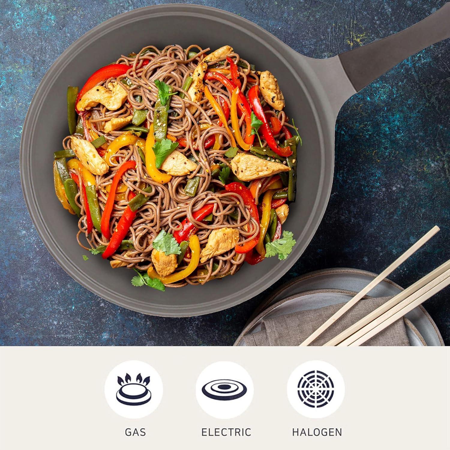 image:imageNeoflam Eela 12 Non Stick Chefs Wok with Glass Lid Stir Fry Pan and POFAFree Ceramic Coating for Cooking Saute Vegetables Meat Fish 12 inch Ivory Handle assemble requiredIvory