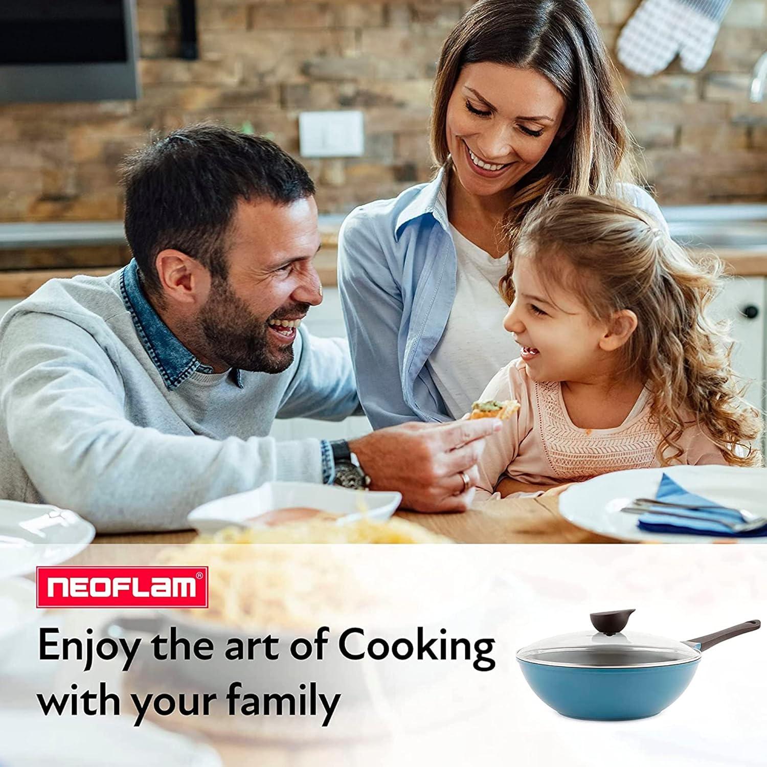 image:imageNeoflam Eela 12 Non Stick Chefs Wok with Glass Lid Stir Fry Pan and POFAFree Ceramic Coating for Cooking Saute Vegetables Meat Fish 12 inch Ivory Handle assemble requiredDeep Blue