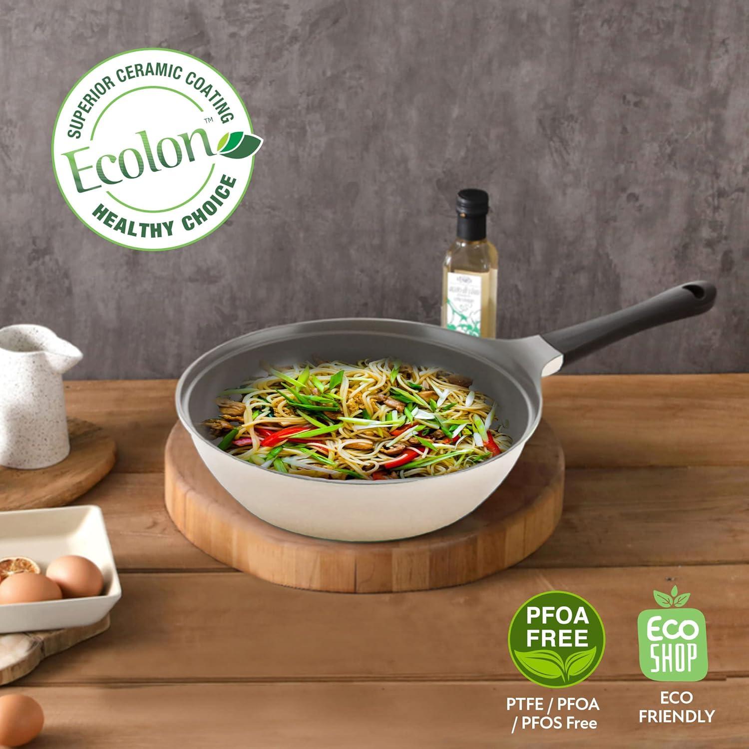 image:imageNeoflam Eela 12 Non Stick Chefs Wok with Glass Lid Stir Fry Pan and POFAFree Ceramic Coating for Cooking Saute Vegetables Meat Fish 12 inch Ivory Handle assemble requiredIvory