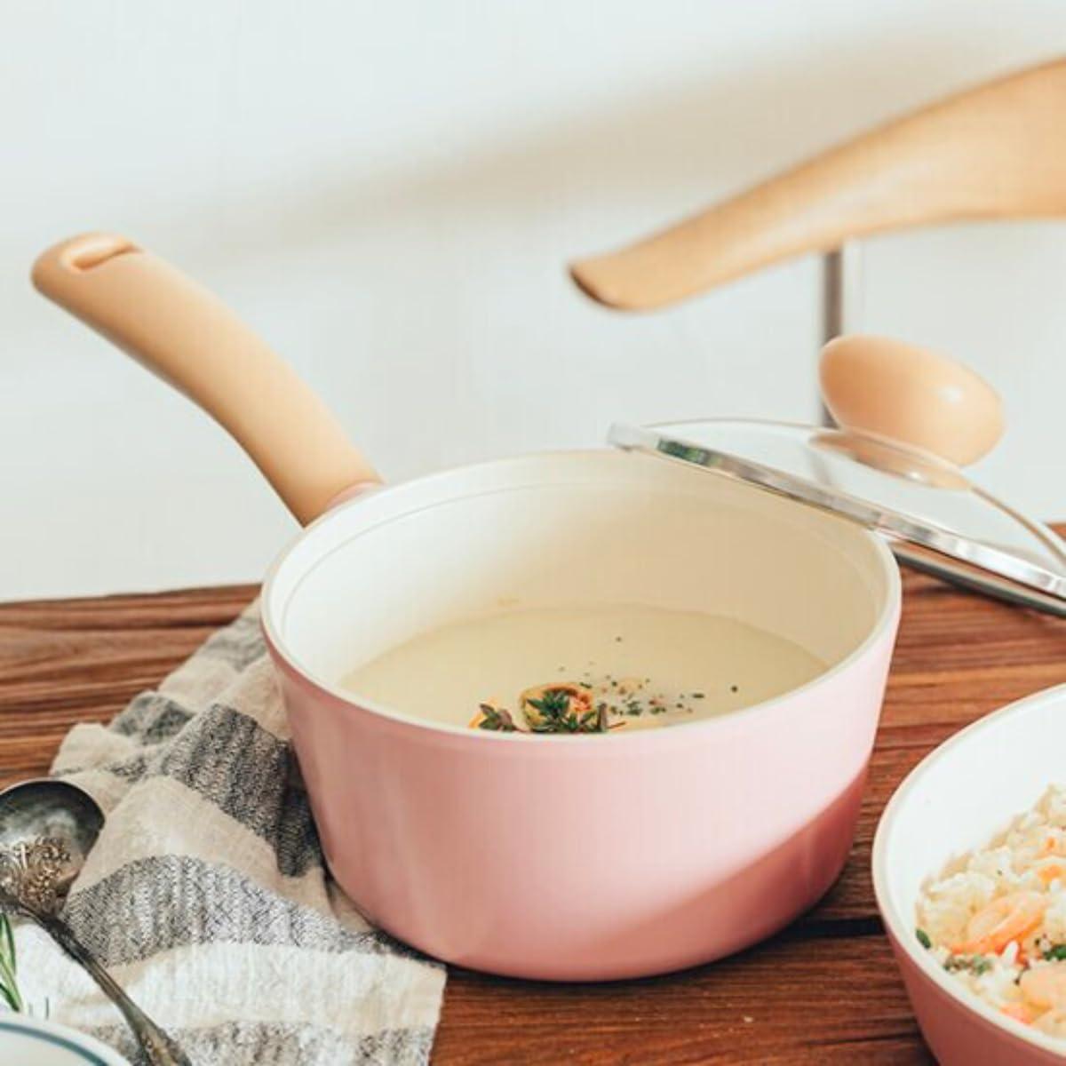 image:imageNeoflam Retro 15QT Saucepan with Lid 7 18cm HeavyDuty Nonstick Ceramic Coated Sauce Pot with Bakelite Handle Pink Color Dishwasher Safe Elegant Kitchen Cookware Made in Korea