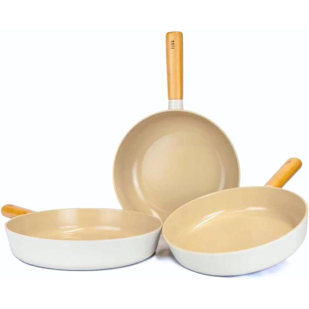 image:imageNEOFLAM FIKA 3Piece Kitchen Essential Stir Frying Pan Wok Set with Wood Handle Nonstick Ceramic Coating Skillet Induction Compatible Made in Korea
