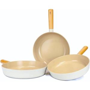 NEOFLAM FIKA 3-Piece Kitchen Essential Stir Frying Pan Wok Set with Wood Handle, Nonstick Ceramic Coating Skillet, Induction Compatible, Made in Korea
