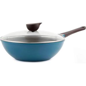 Neoflam Eela 12” Non Stick Chef’s Wok with Glass Lid, Stir Fry Pan and POFA-Free Ceramic Coating for Cooking Saute Vegetables, Meat, Fish, 12 inch, Ivory (Handle assemble required)(Deep Blue)