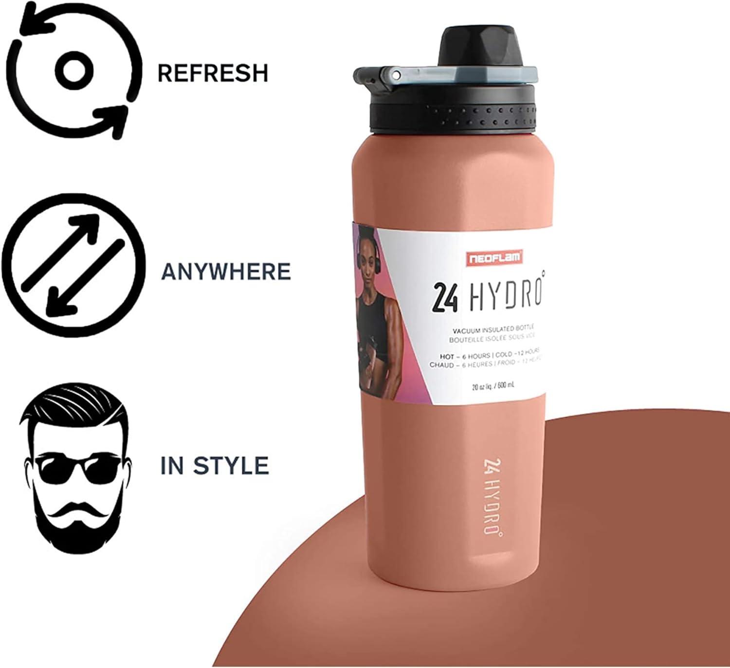 image:imageNEOFLAM Hydro 20oz Vacuum Insulated Stainless Steel Water Bottle with Lid Double Wall Sport Tumbler for Cold Drinks Ice amp Hot Tea Leak Proof Travel Flask 600ml Sunset PinkSunset Pink