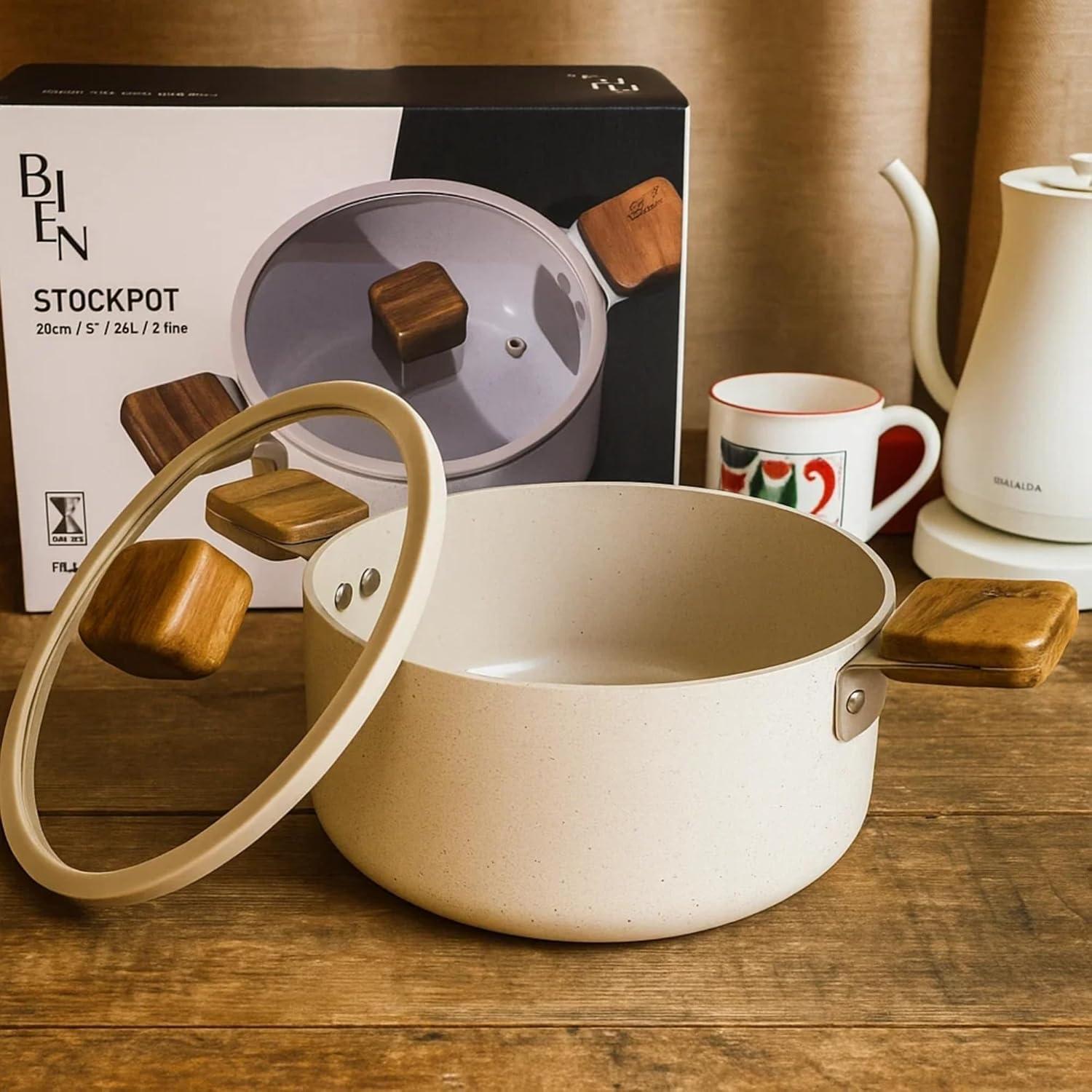 image:imageNeoflam Bien Kitchen 27QT Nonstick Stock Pot with Glass Lid Ceramic Coated Casserole Dutch Oven for Healthy Cooking Induction Compatible Soup amp Stew Pot Made in Korea 8 20cm