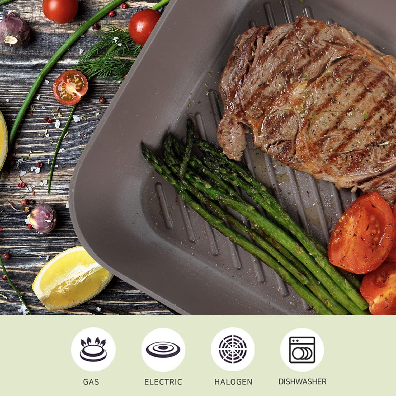 image:imageNeoflam Eela 11 Non Stick Grill Pan Griddle Square Stovetop Grill with Sear Ridges PFOA Free Ecolon Ceramic Coating for Skillet broil Fish Vegetables and Meat Scratch Resistant GreenOlive Green