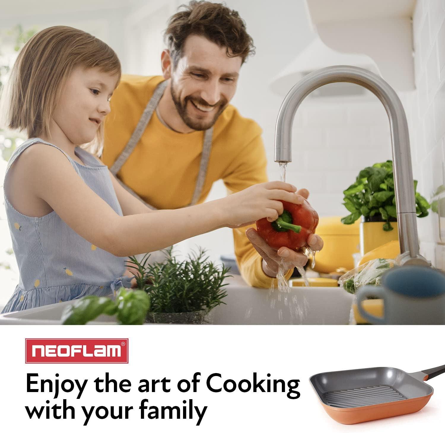 image:imageNeoflam Eela 11 Non Stick Grill Pan Griddle Square Stovetop Grill with Sear Ridges PFOA Free Ecolon Ceramic Coating for Skillet broil Fish Vegetables and Meat Scratch Resistant GreenOrangeBrown