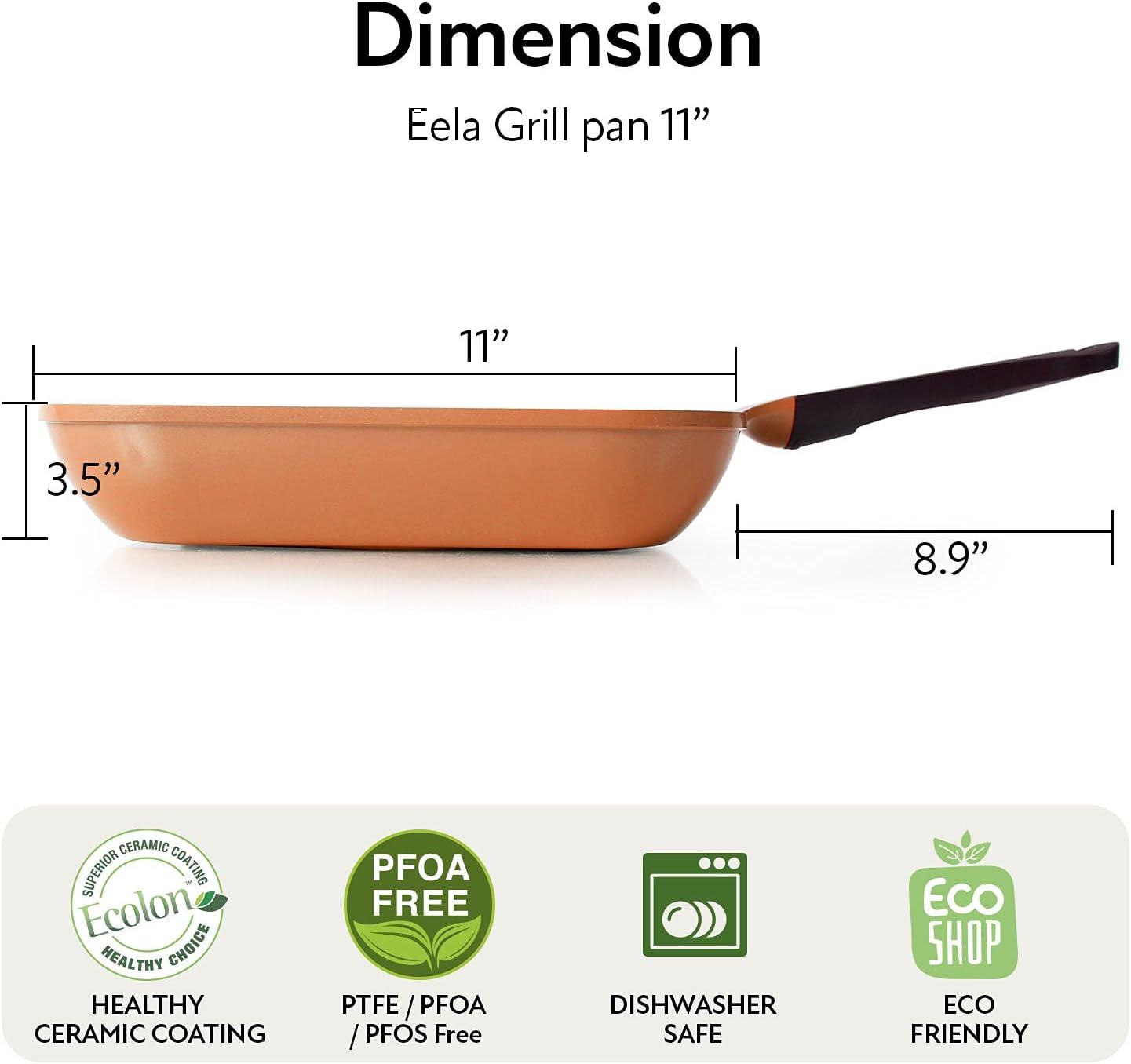 image:imageNeoflam Eela 11 Non Stick Grill Pan Griddle Square Stovetop Grill with Sear Ridges PFOA Free Ecolon Ceramic Coating for Skillet broil Fish Vegetables and Meat Scratch Resistant GreenOrangeBrown